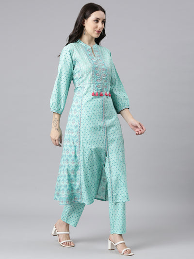 Neerus Green Panelled Straight Kurta and Trousers With Dupatta