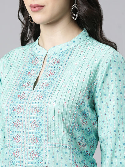 Neerus Green Panelled Straight Kurta and Trousers With Dupatta