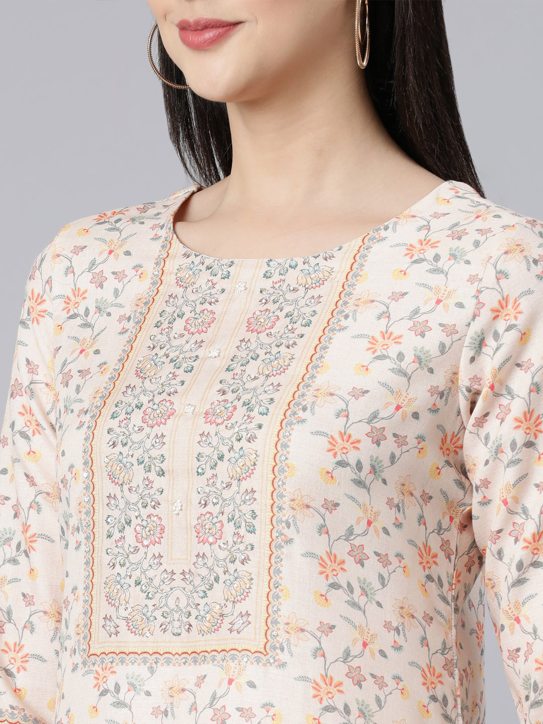 Neerus Off White Panelled Straight Printed Kurta And Trousers With Dupatta