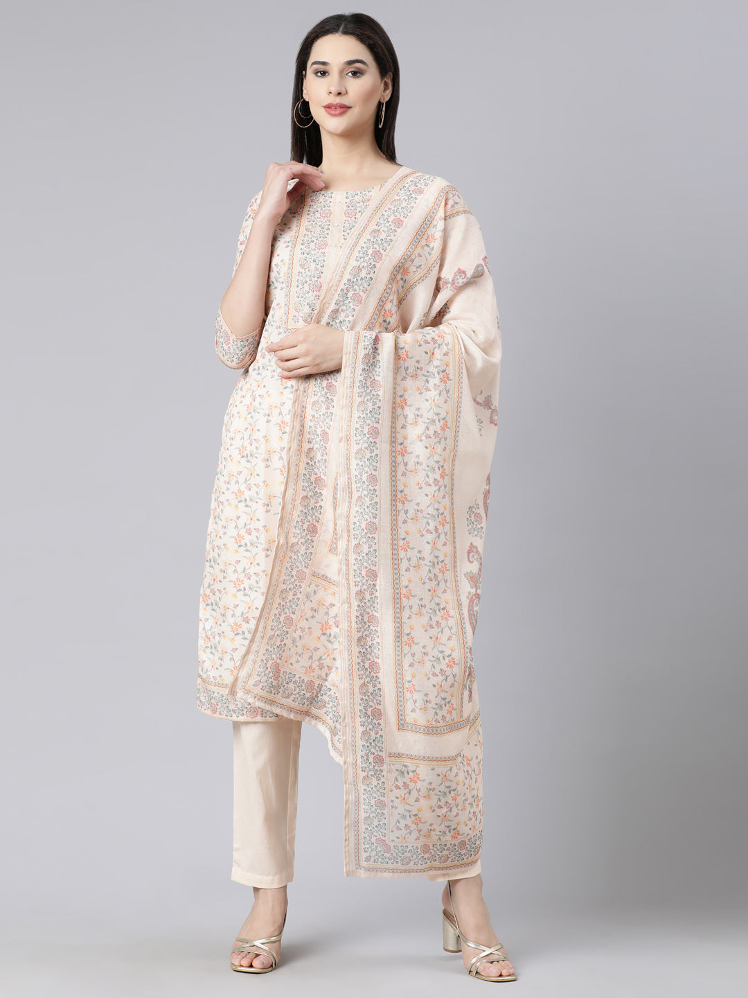 Neerus Off White Panelled Straight Printed Kurta And Trousers With Dupatta