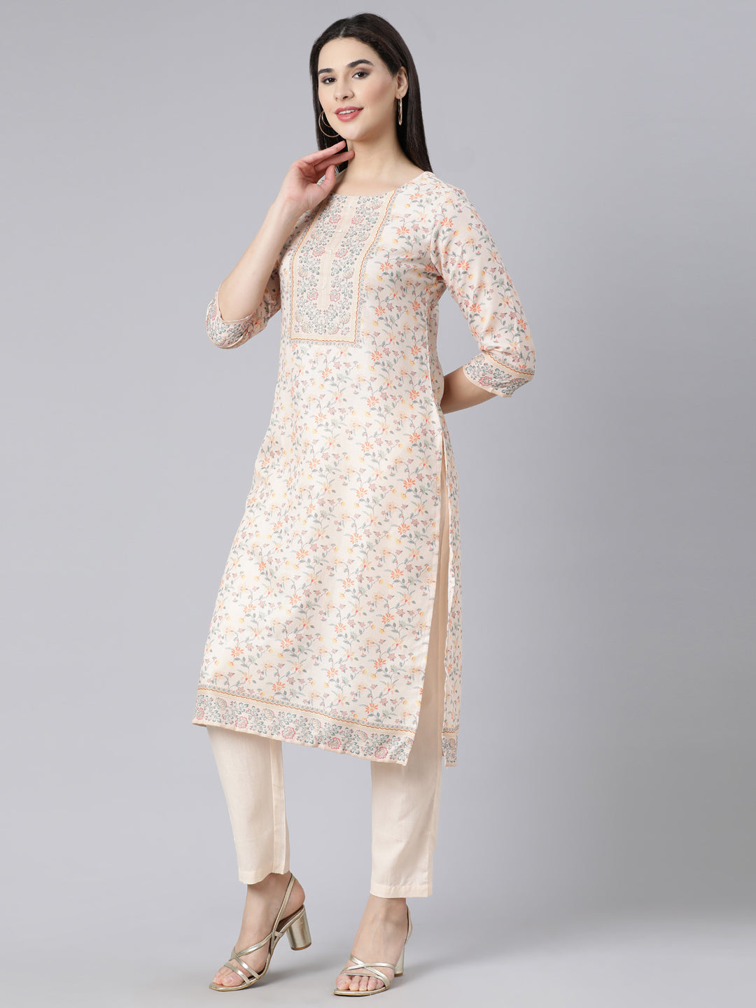 Neerus Off White Panelled Straight Printed Kurta And Trousers With Dupatta