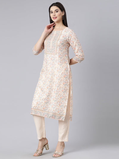 Neerus Off White Panelled Straight Printed Kurta And Trousers With Dupatta