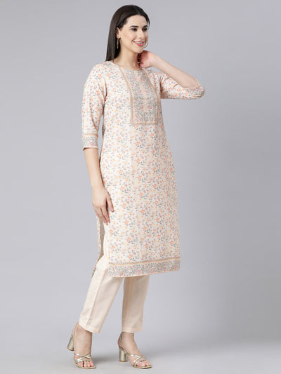 Neerus Off White Panelled Straight Printed Kurta And Trousers With Dupatta