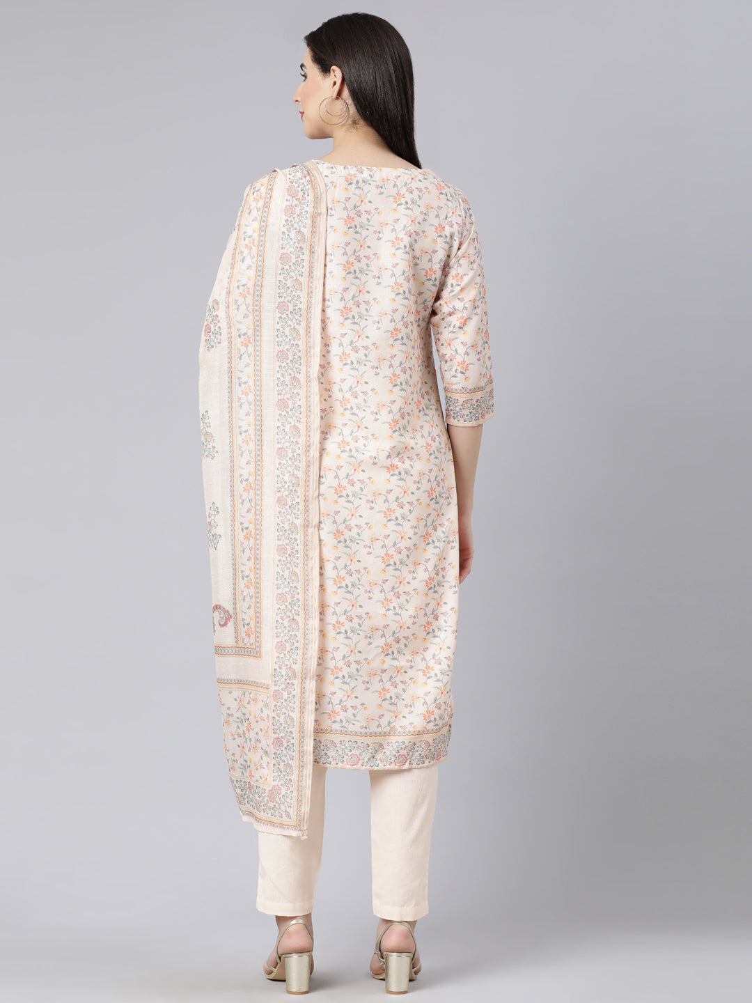 Neerus Off White Panelled Straight Printed Kurta And Trousers With Dupatta