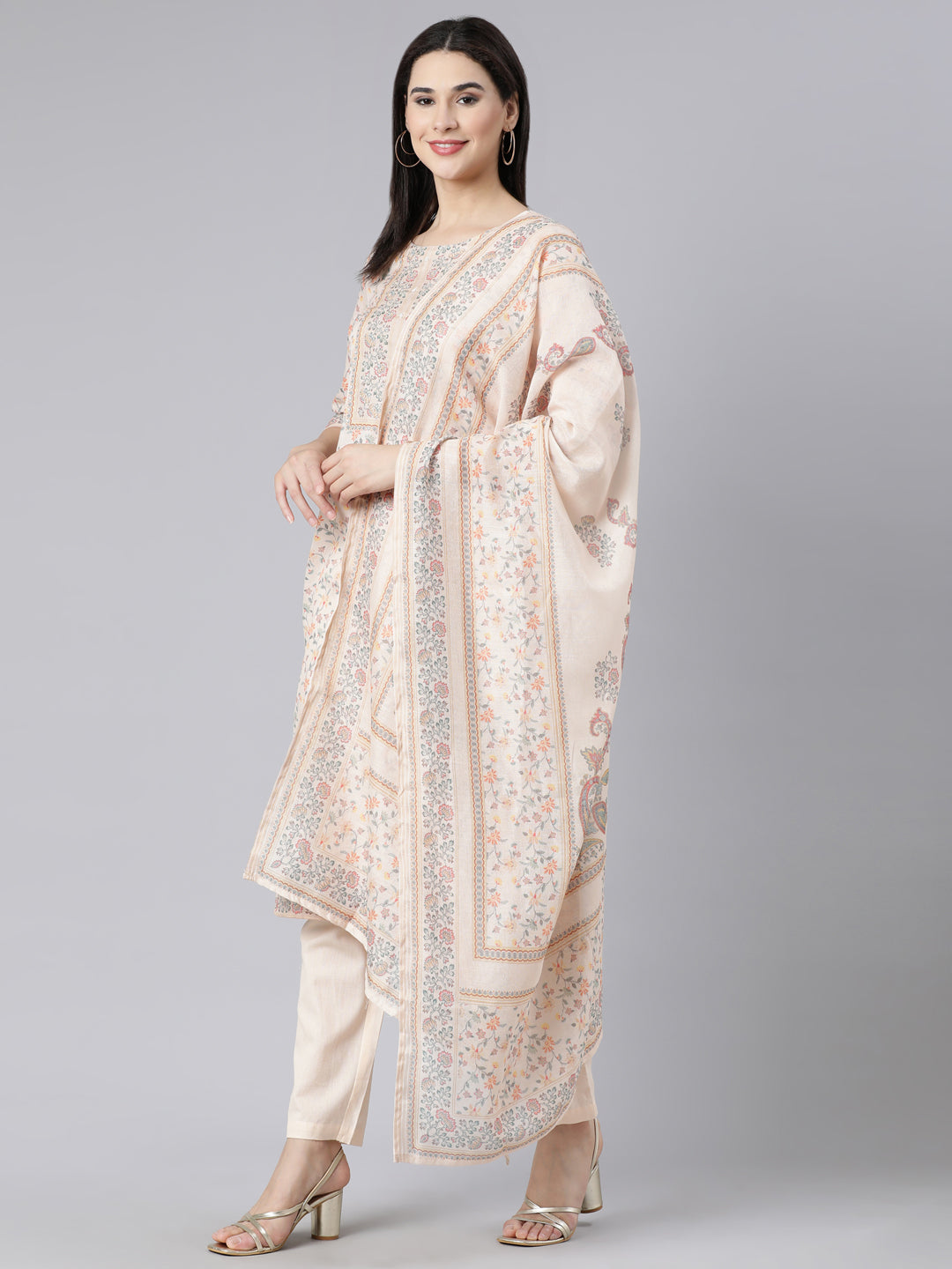 Neerus Off White Panelled Straight Printed Kurta And Trousers With Dupatta