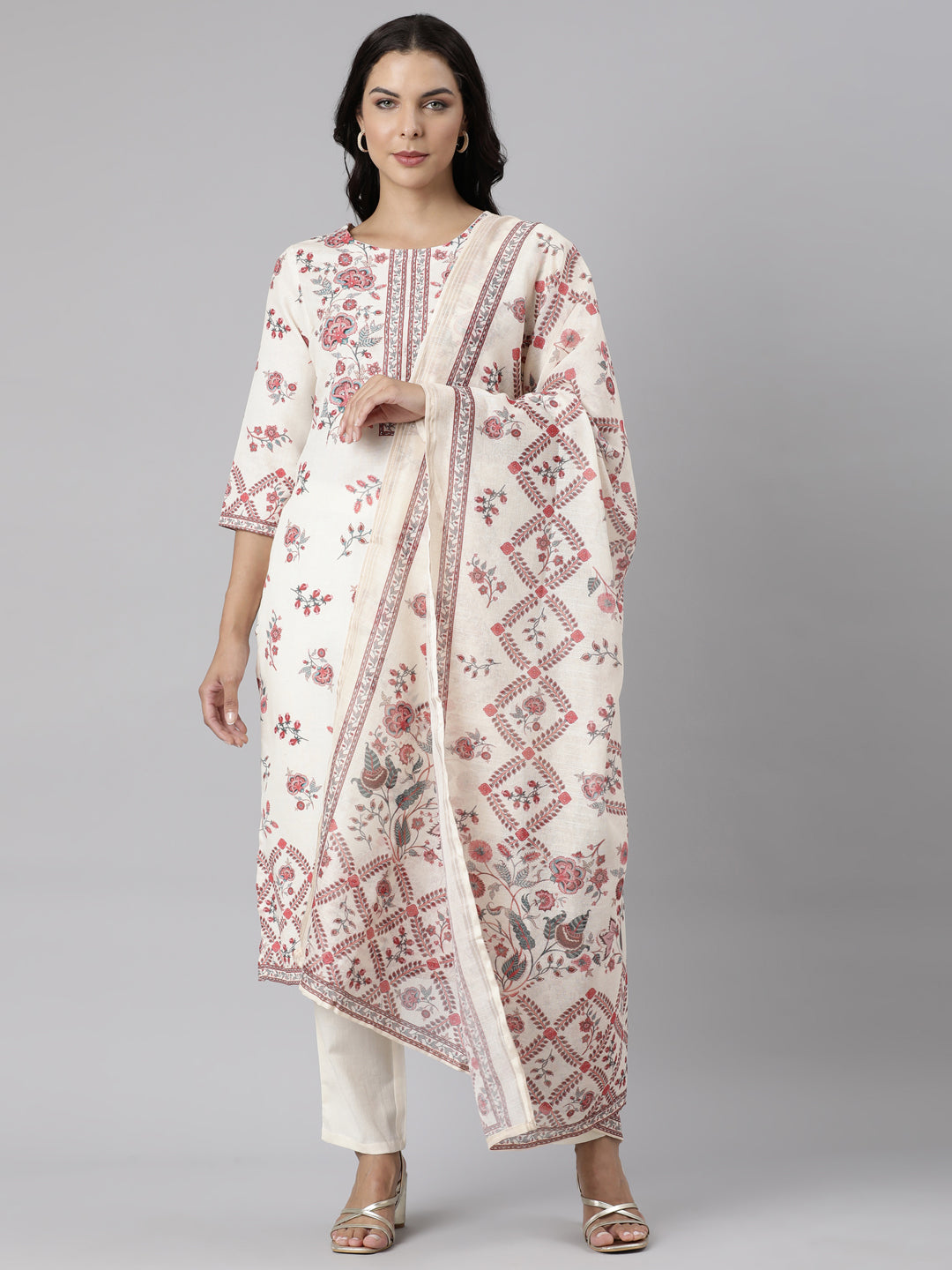 Neerus Off White Panelled Straight Printed Kurta And Trousers With Dupatta