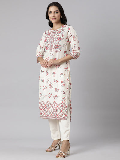 Neerus Off White Panelled Straight Printed Kurta And Trousers With Dupatta