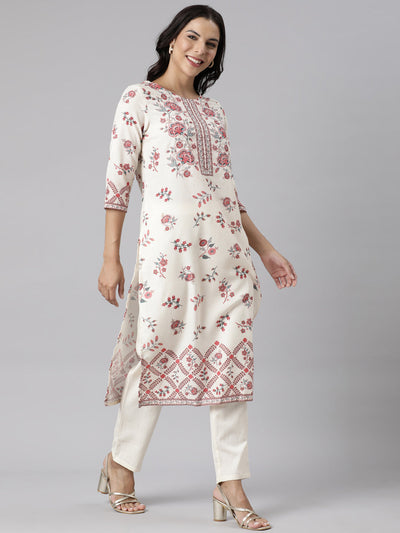 Neerus Off White Panelled Straight Printed Kurta And Trousers With Dupatta