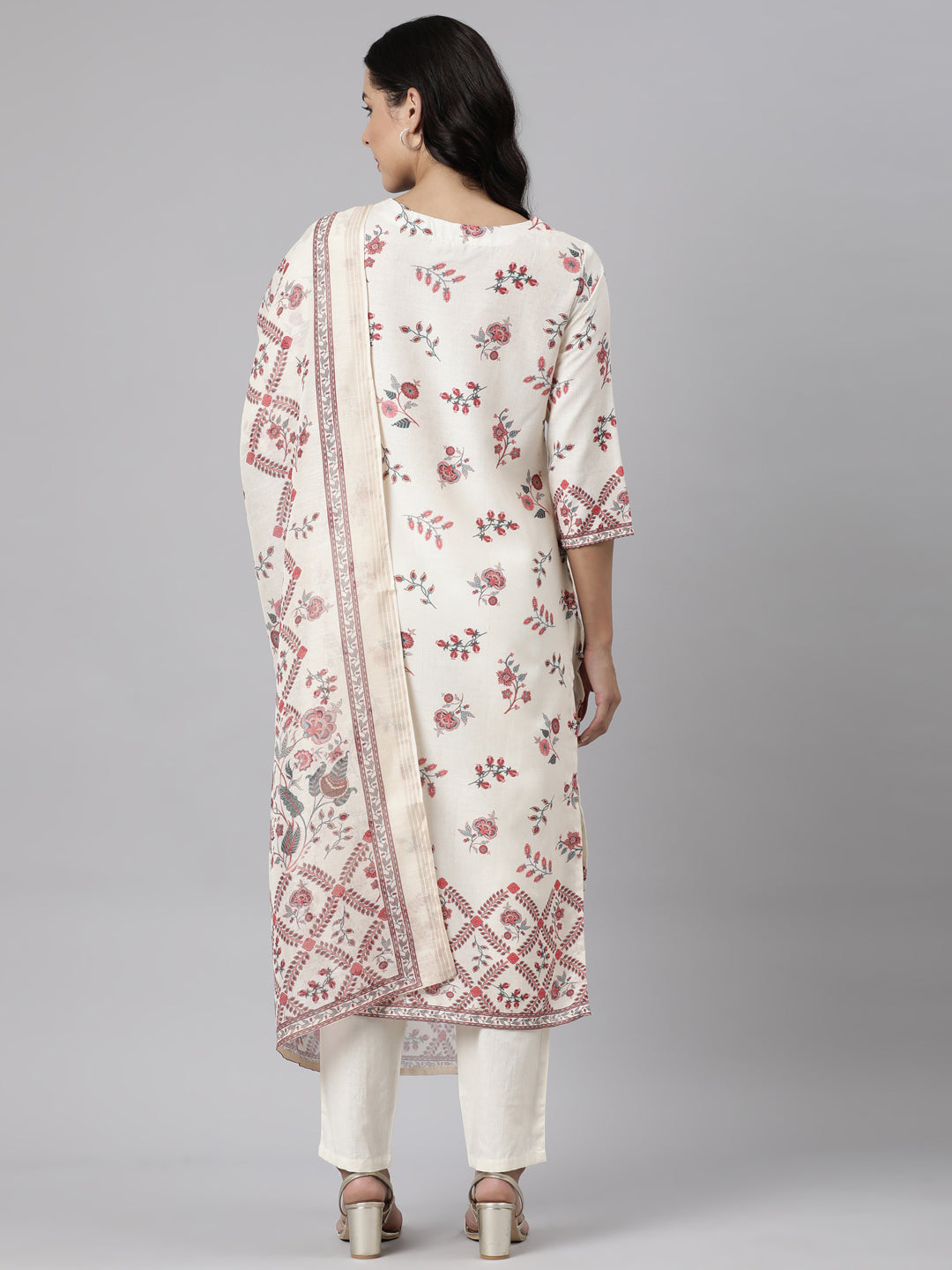 Neerus Off White Panelled Straight Printed Kurta And Trousers With Dupatta