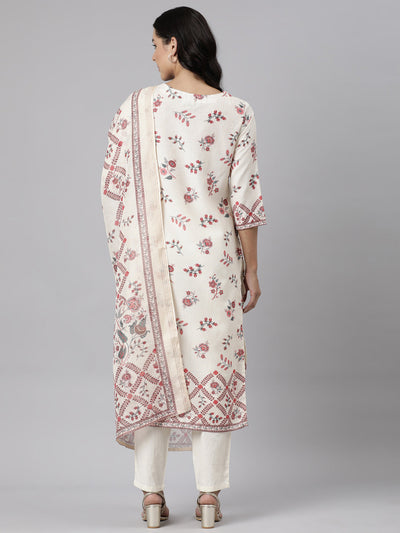 Neerus Off White Panelled Straight Printed Kurta And Trousers With Dupatta