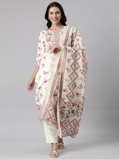 Neerus Off White Panelled Straight Printed Kurta And Trousers With Dupatta