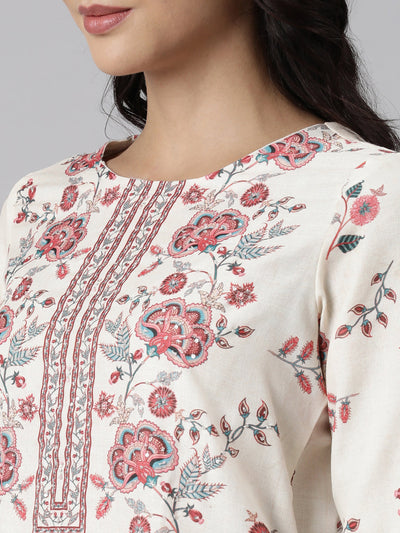 Neerus Off White Panelled Straight Printed Kurta And Trousers With Dupatta