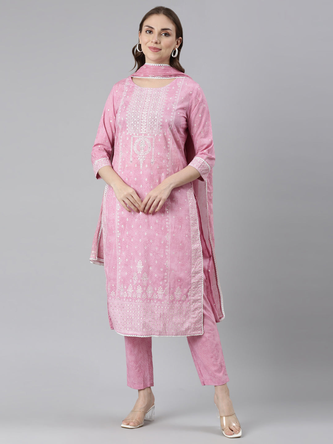 Neerus Pink Regular Straight Printed Kurta and Trousers With Dupatta