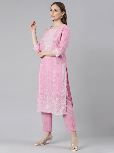 Neerus Pink Regular Straight Printed Kurta and Trousers With Dupatta