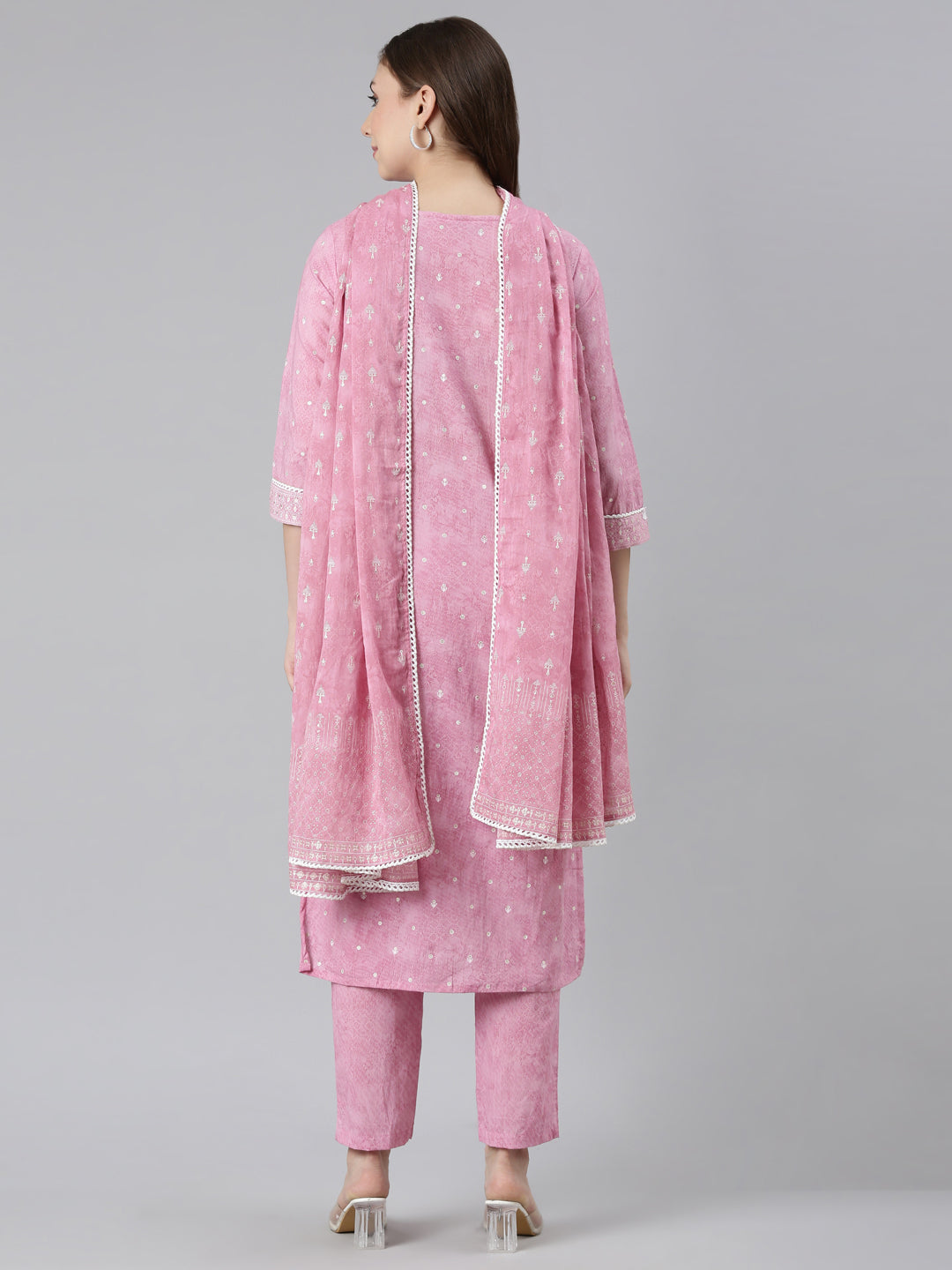 Neerus Pink Regular Straight Printed Kurta and Trousers With Dupatta