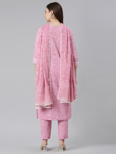 Neerus Pink Regular Straight Printed Kurta and Trousers With Dupatta