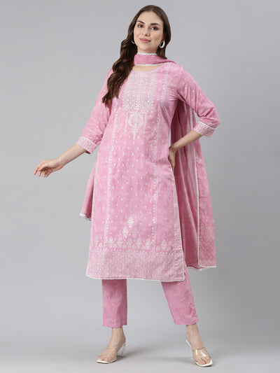 Neerus Pink Regular Straight Printed Kurta and Trousers With Dupatta