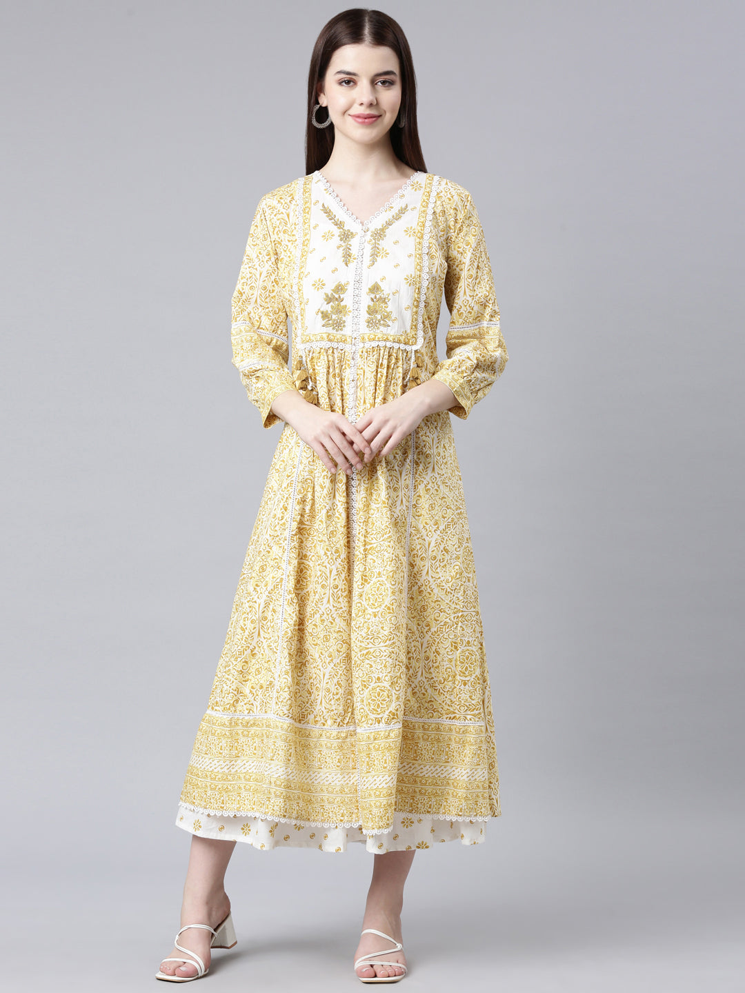 Neerus Mustard Straight Casual Floral Straight Kurtas