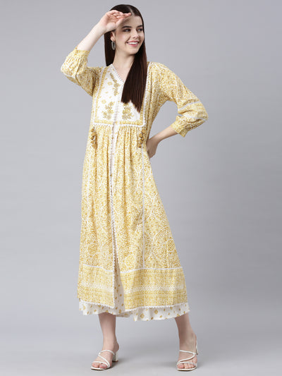 Neerus Mustard Straight Casual Floral Straight Kurtas