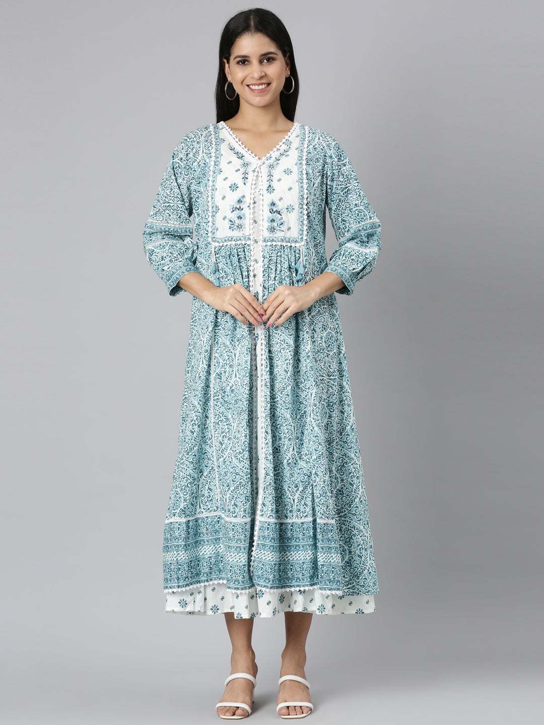 Neerus Turquoise Blue Straight Casual Floral Straight Kurtas