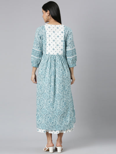 Neerus Turquoise Blue Straight Casual Floral Straight Kurtas