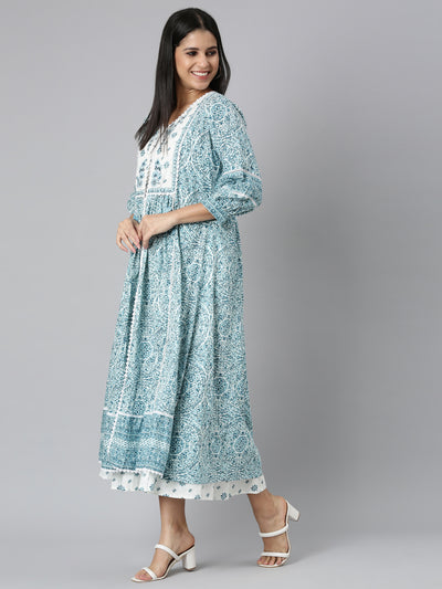 Neerus Turquoise Blue Straight Casual Floral Straight Kurtas