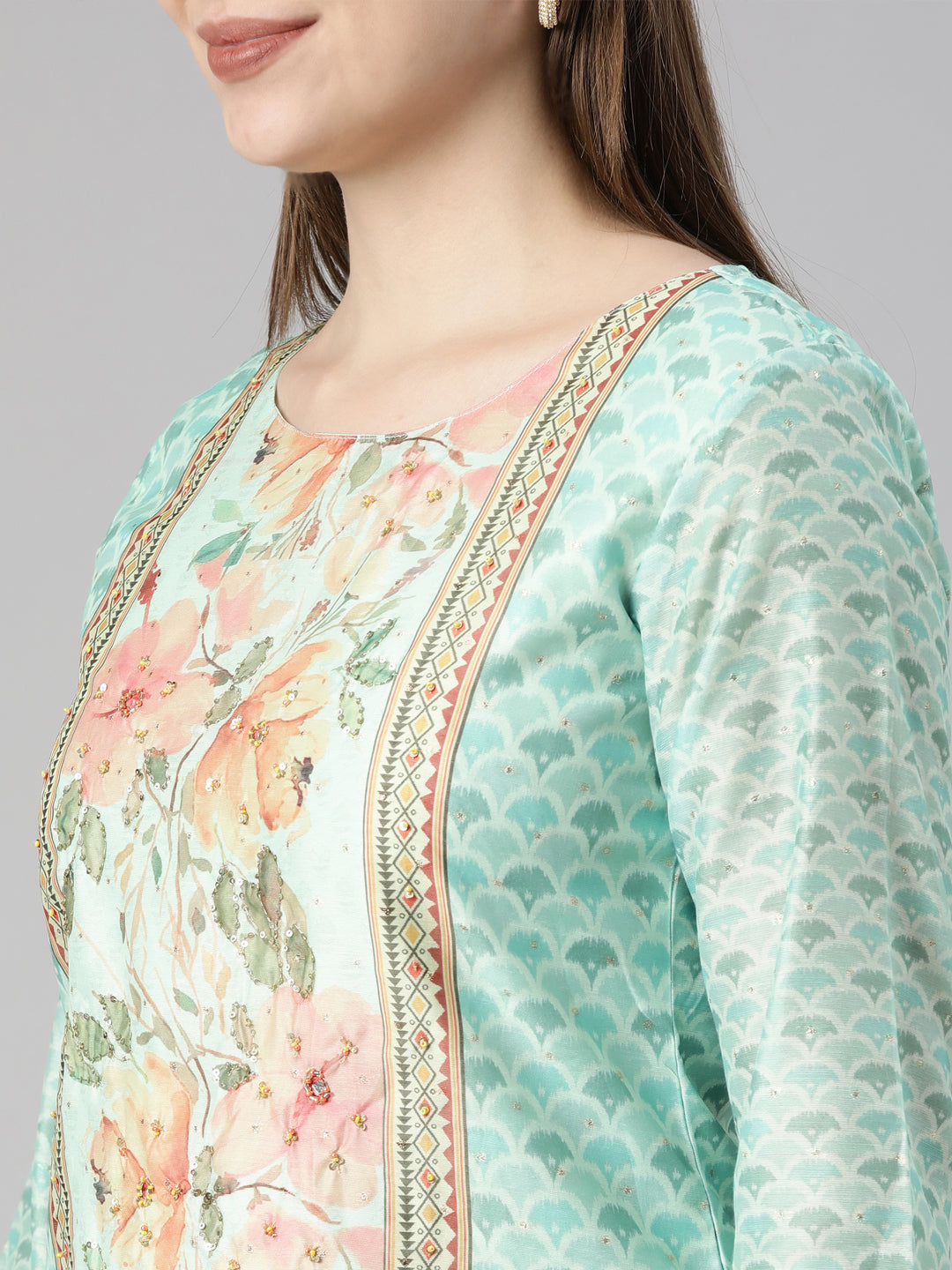 Neerus Sea Green Regular Straight Floral Readymade suits