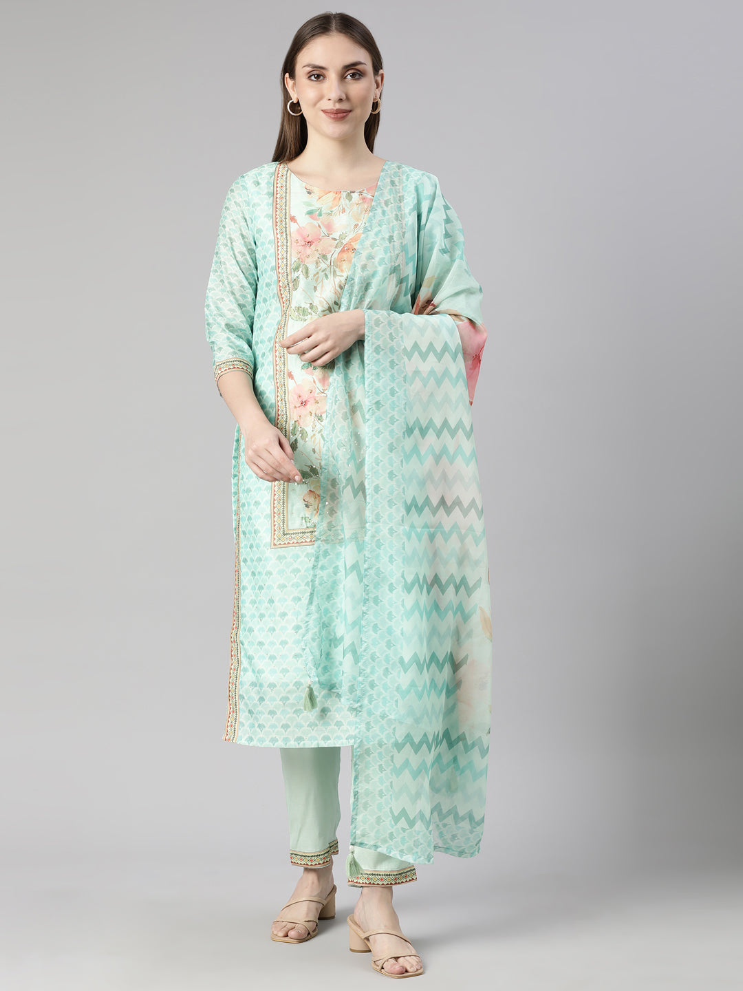 Neerus Sea Green Regular Straight Floral Readymade suits