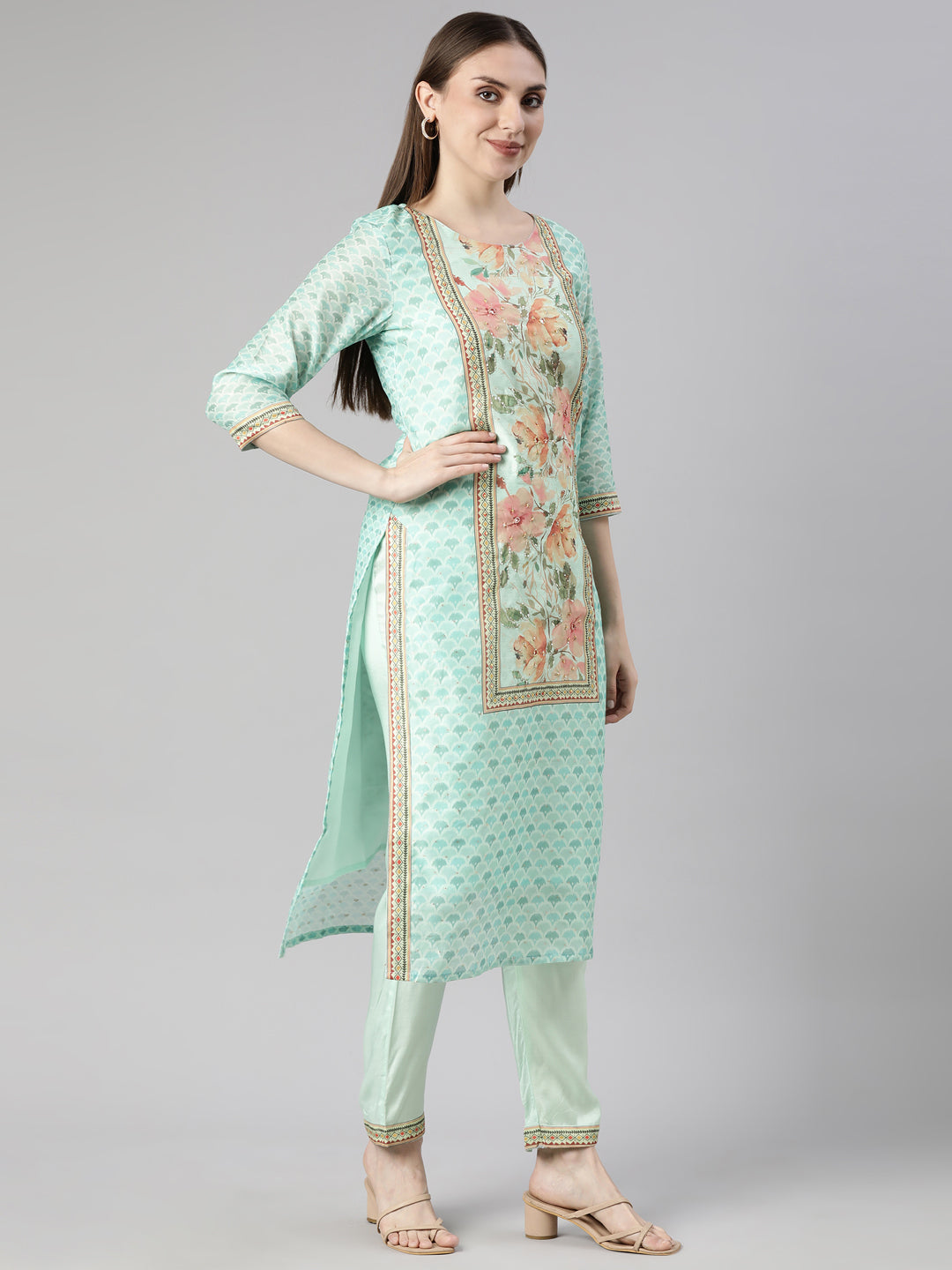 Neerus Sea Green Regular Straight Floral Readymade suits