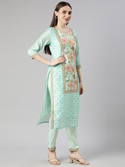 Neerus Sea Green Regular Straight Floral Readymade suits