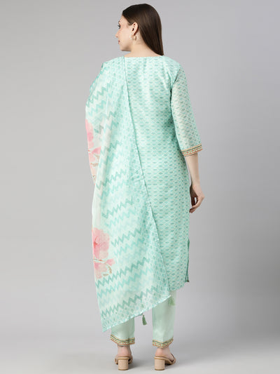 Neerus Sea Green Regular Straight Floral Readymade suits