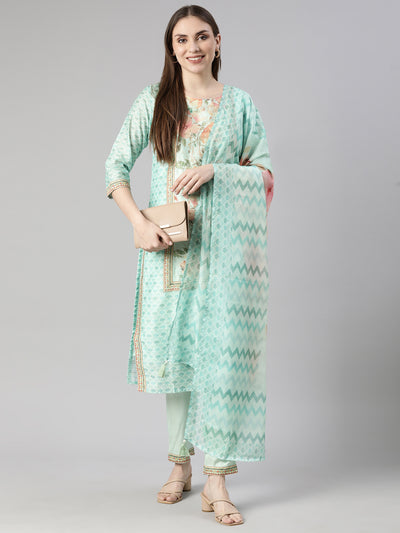 Neerus Sea Green Regular Straight Floral Readymade suits