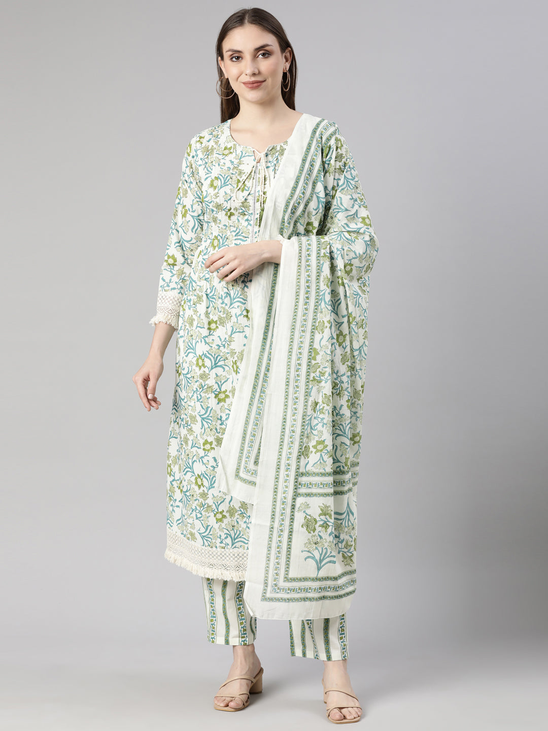 Neerus Green Regular Straight Floral Kurta And  Trousers With Dupatta