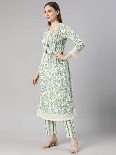 Neerus Green Regular Straight Floral Kurta And  Trousers With Dupatta