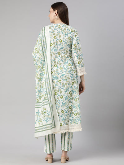 Neerus Green Regular Straight Floral Kurta And  Trousers With Dupatta