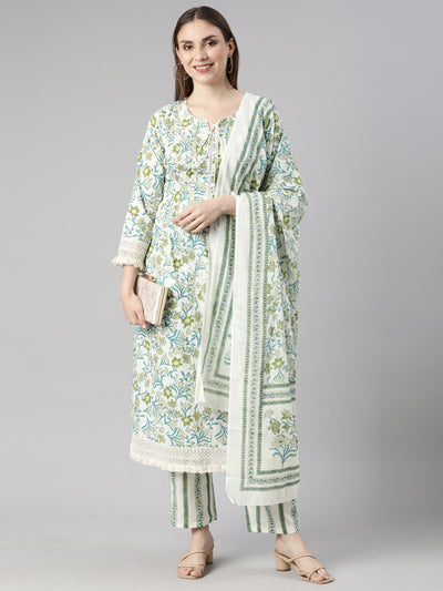 Neerus Green Regular Straight Floral Kurta And  Trousers With Dupatta