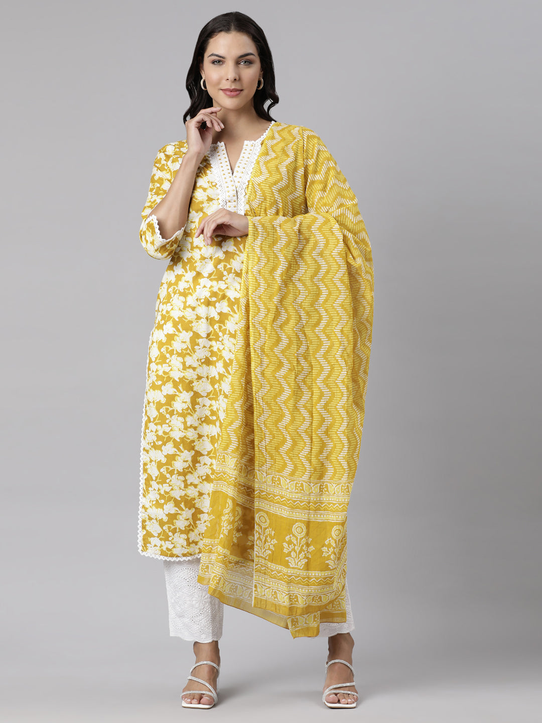 Neerus Yellow Panelled Straight Printed Kurta And Trousers With Dupatta