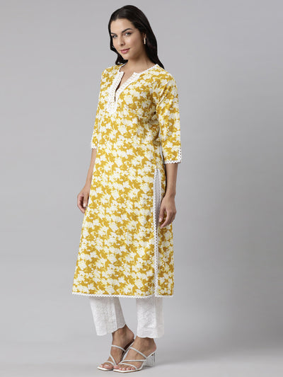 Neerus Yellow Panelled Straight Printed Kurta And Trousers With Dupatta