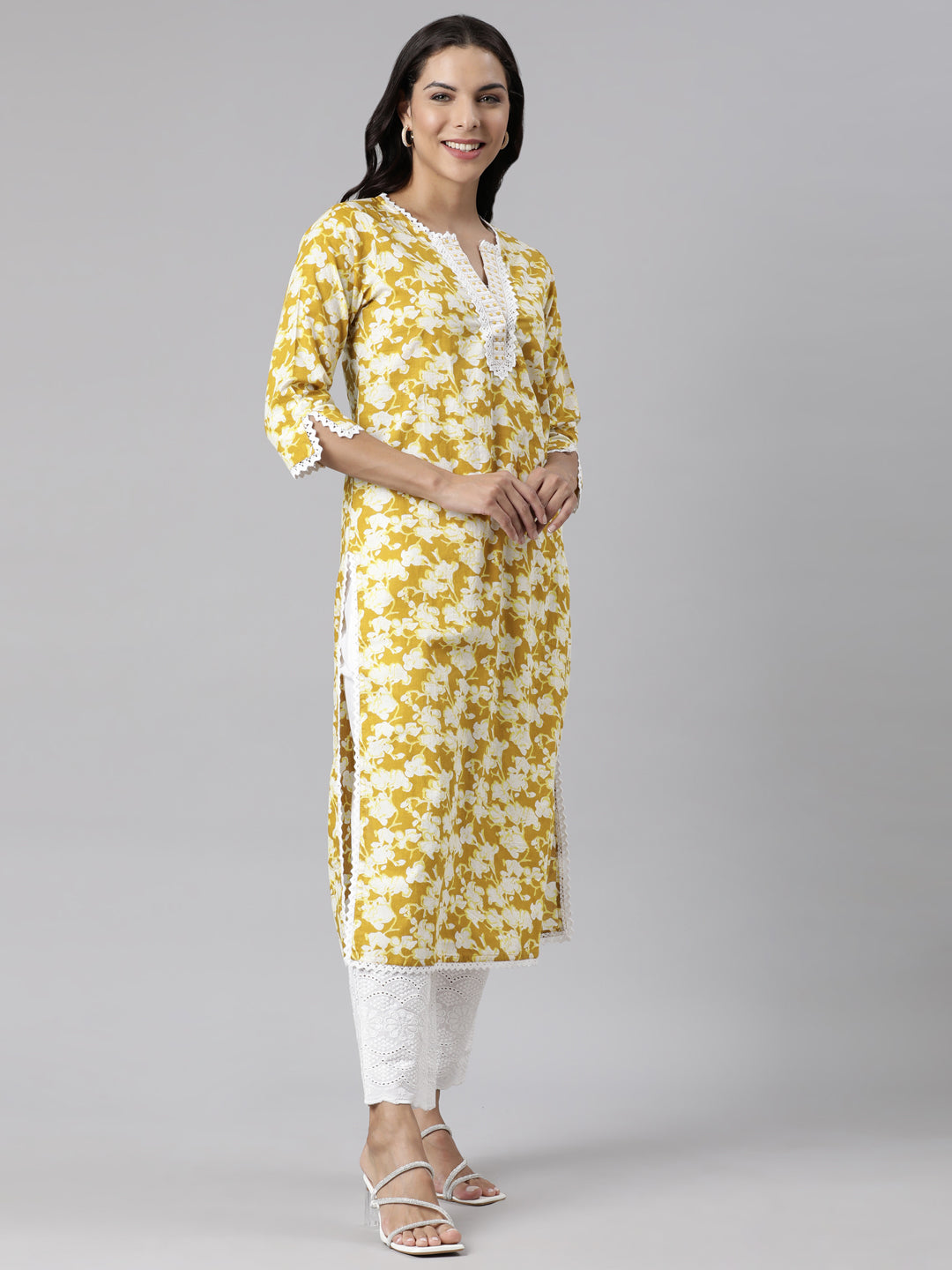 Neerus Yellow Panelled Straight Printed Kurta And Trousers With Dupatta