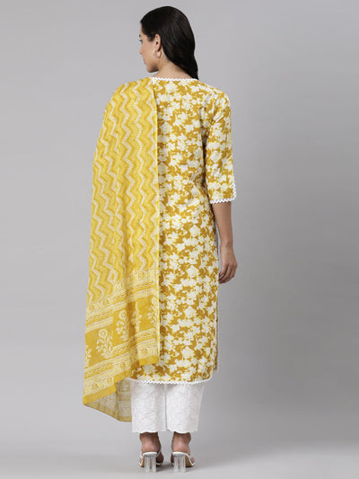 Neerus Yellow Panelled Straight Printed Kurta And Trousers With Dupatta