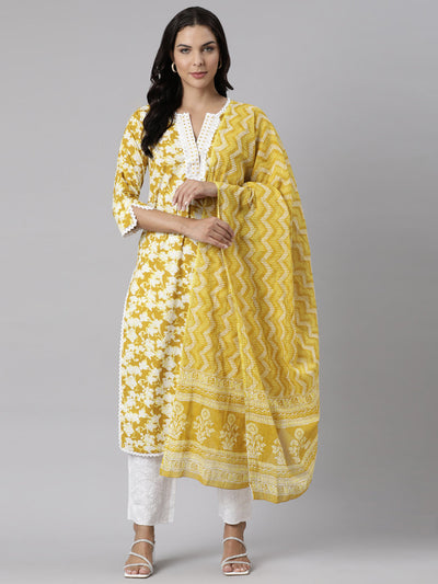 Neerus Yellow Panelled Straight Printed Kurta And Trousers With Dupatta