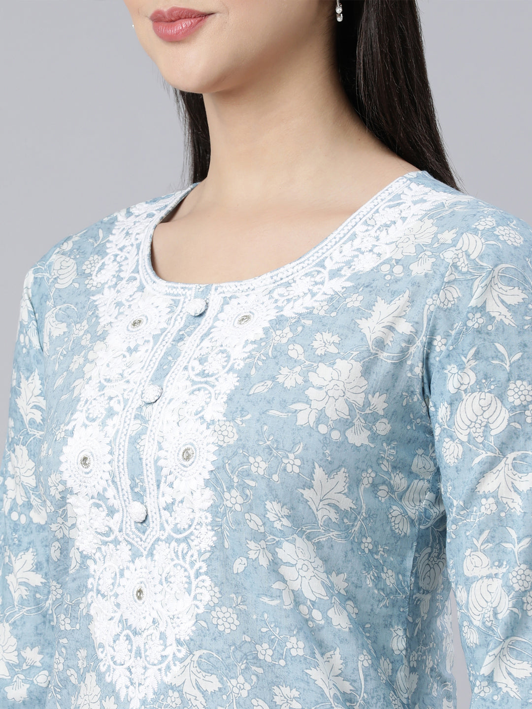 Neerus Blue Panelled Straight Printed Kurta And Trousers With Dupatta