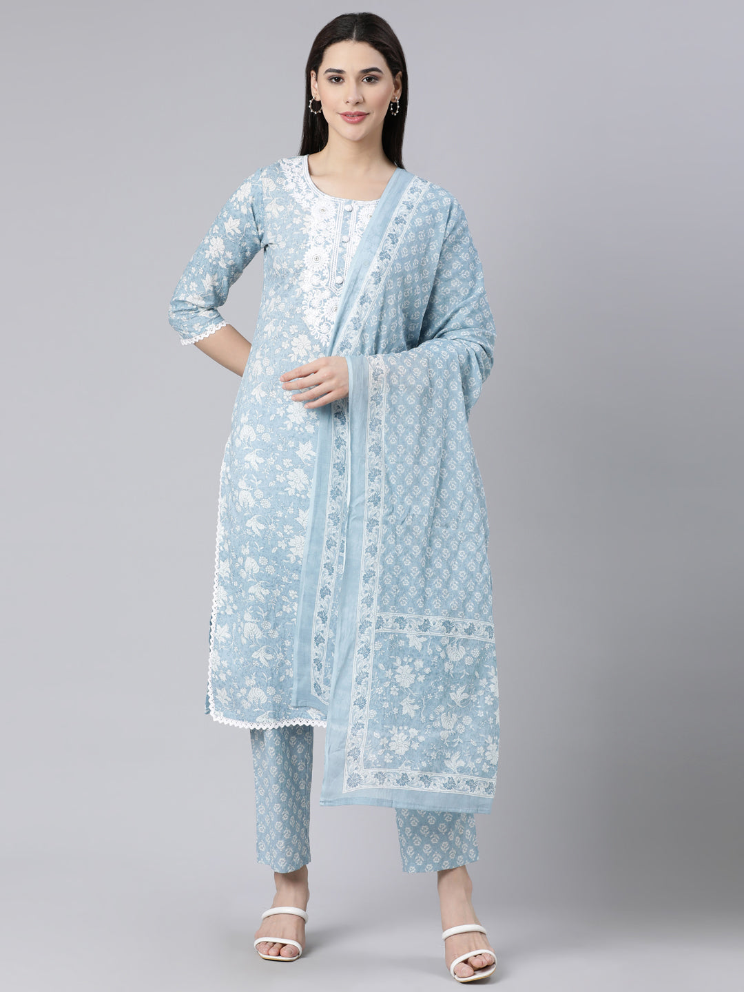 Neerus Blue Panelled Straight Printed Kurta And Trousers With Dupatta