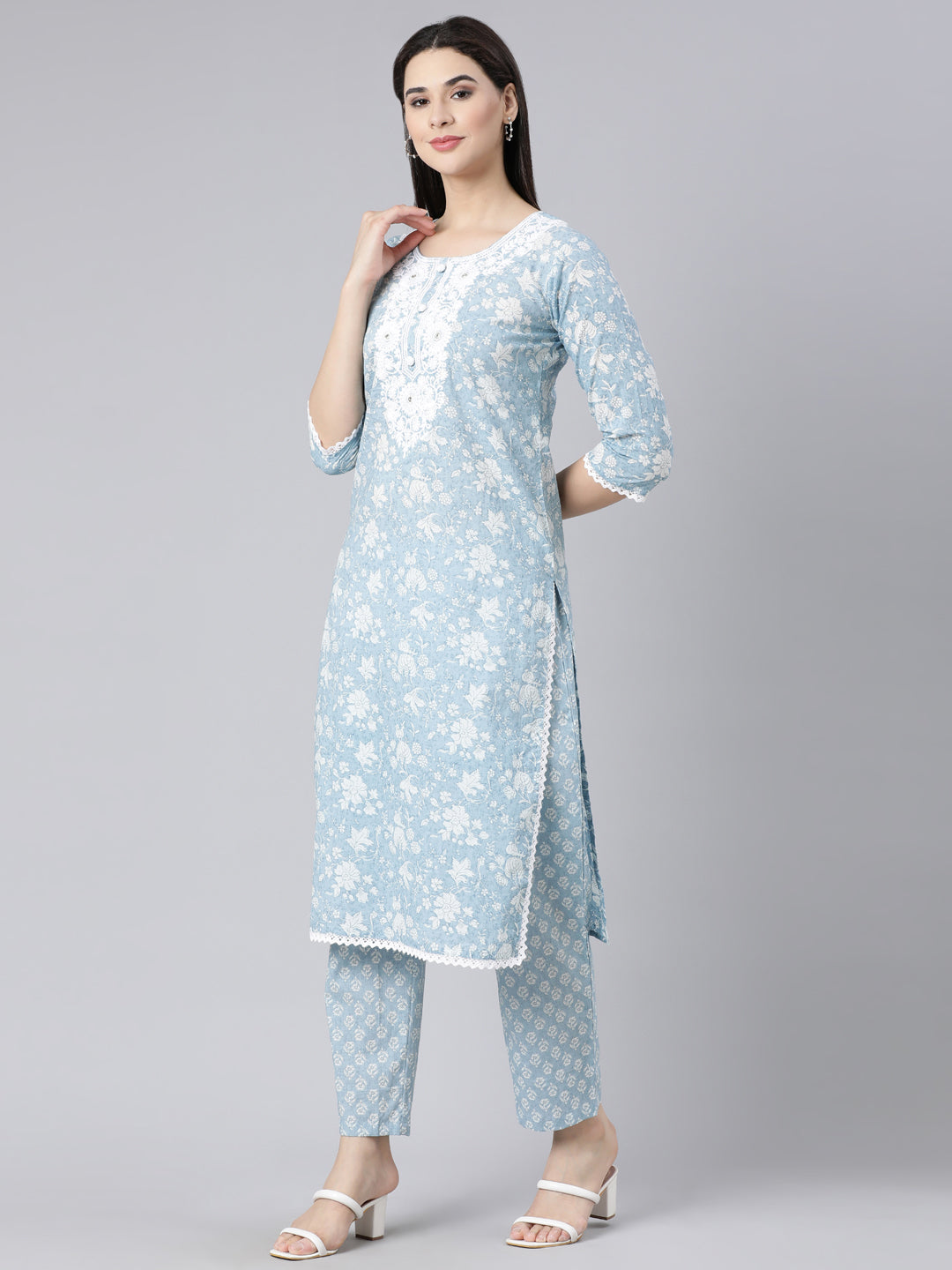 Neerus Blue Panelled Straight Printed Kurta And Trousers With Dupatta