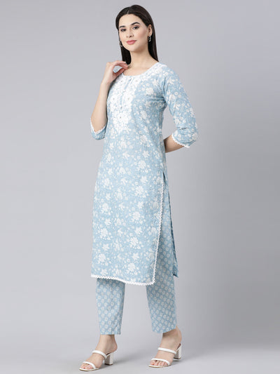 Neerus Blue Panelled Straight Printed Kurta And Trousers With Dupatta