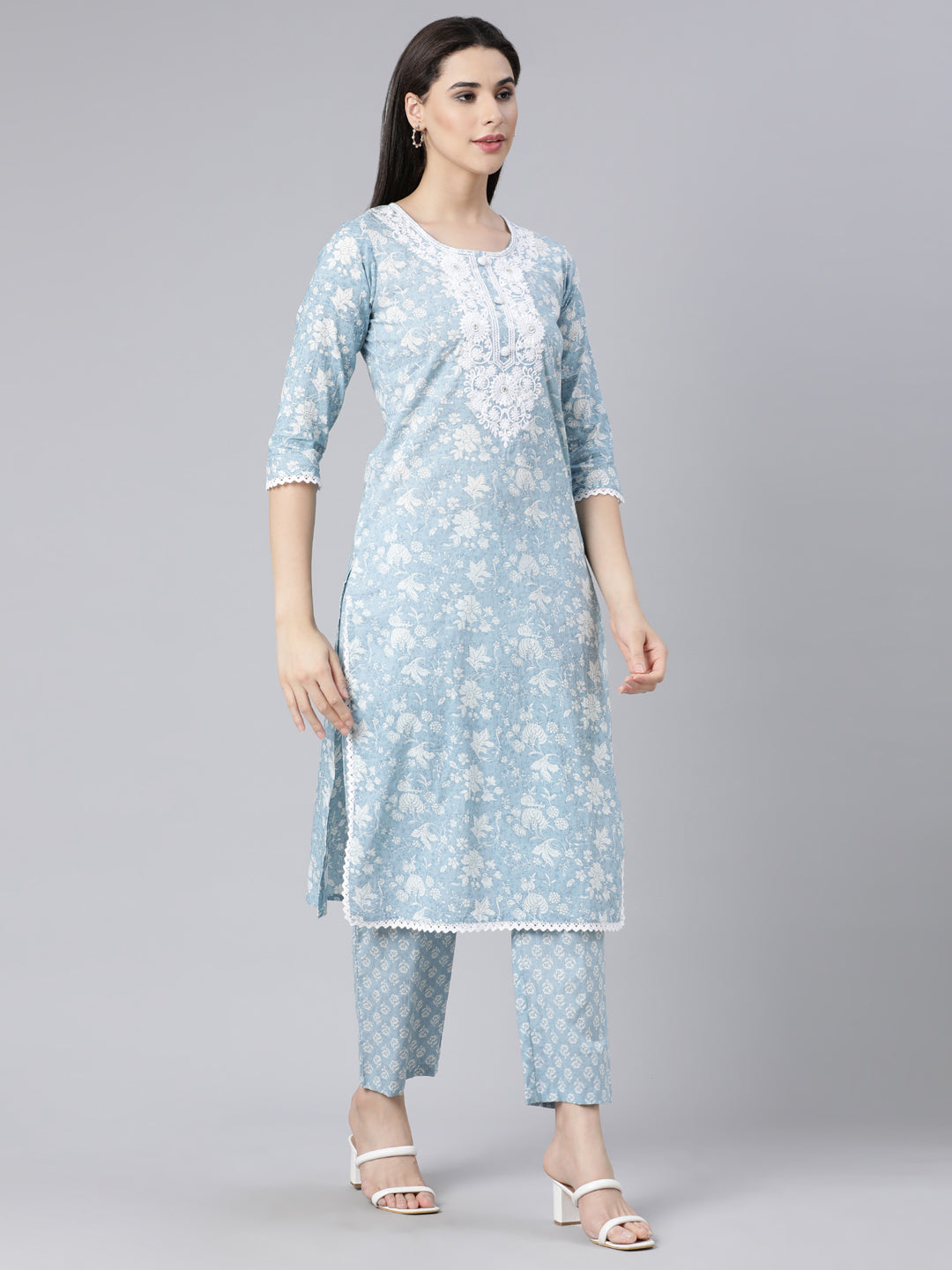 Neerus Blue Panelled Straight Printed Kurta And Trousers With Dupatta