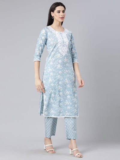 Neerus Blue Panelled Straight Printed Kurta And Trousers With Dupatta