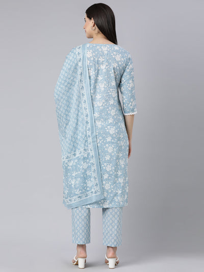 Neerus Blue Panelled Straight Printed Kurta And Trousers With Dupatta