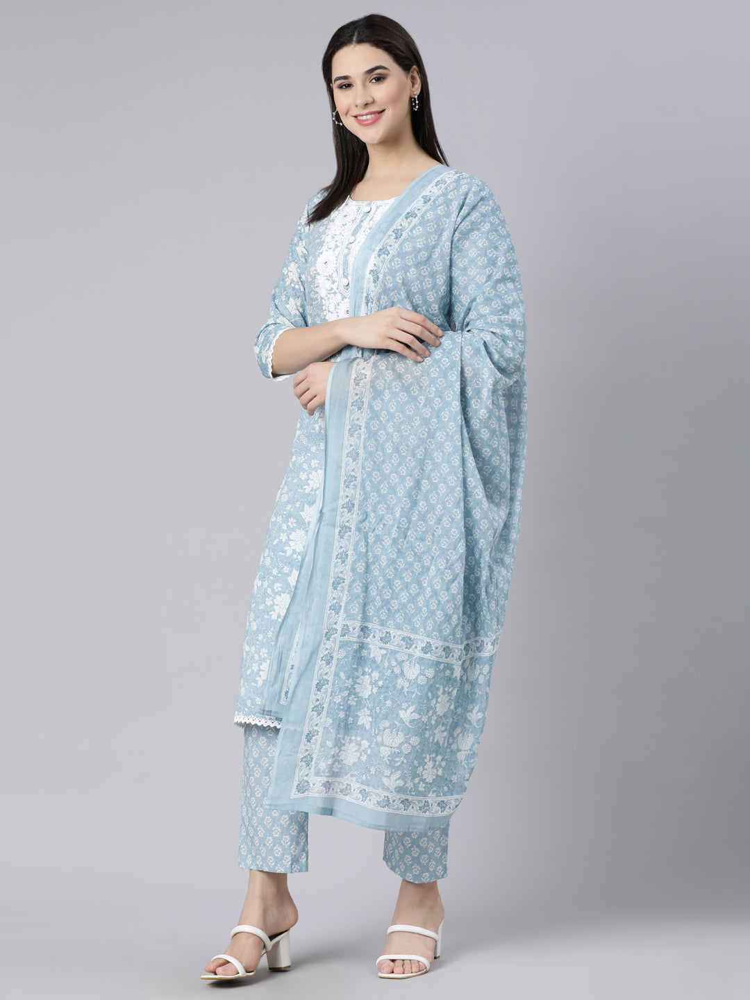 Neerus Blue Panelled Straight Printed Kurta And Trousers With Dupatta