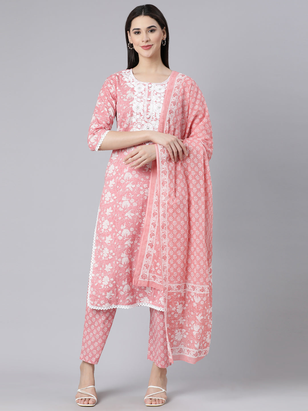 Neerus Pink Panelled Straight Printed Kurta And Trousers With Dupatta